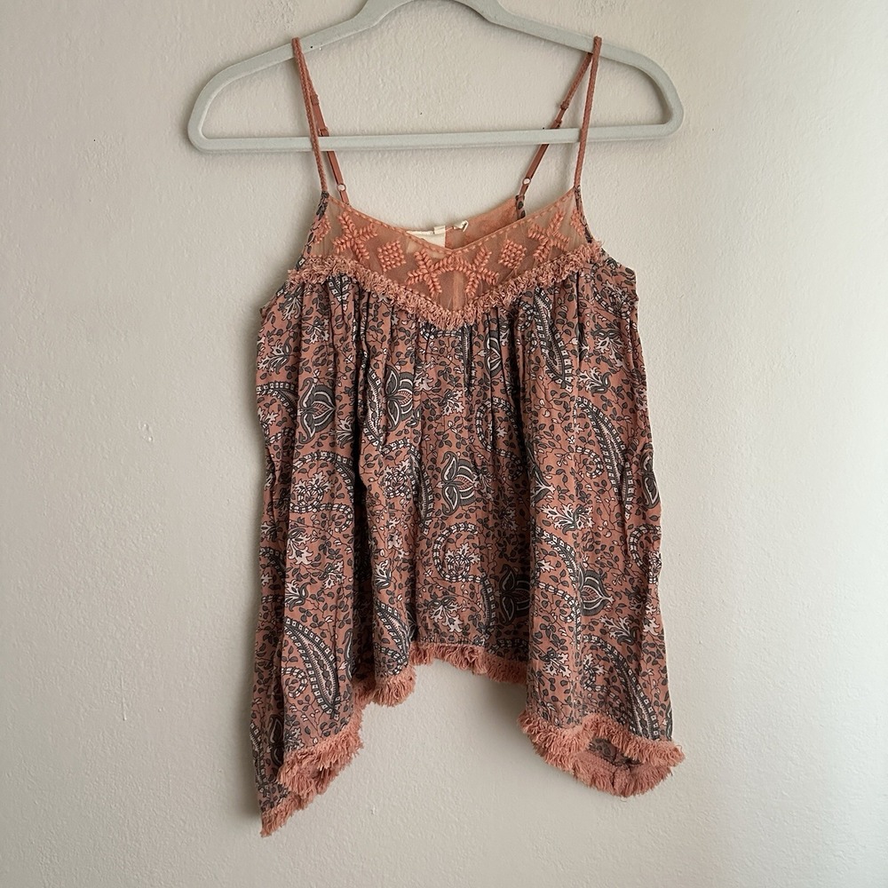 Anthropologie Lilka Swing Fringe Tank Top XS Peach Gray Print Braided Strap Boho